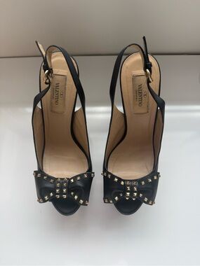 Valentino Black Leather Studded Bow Slingback Heels